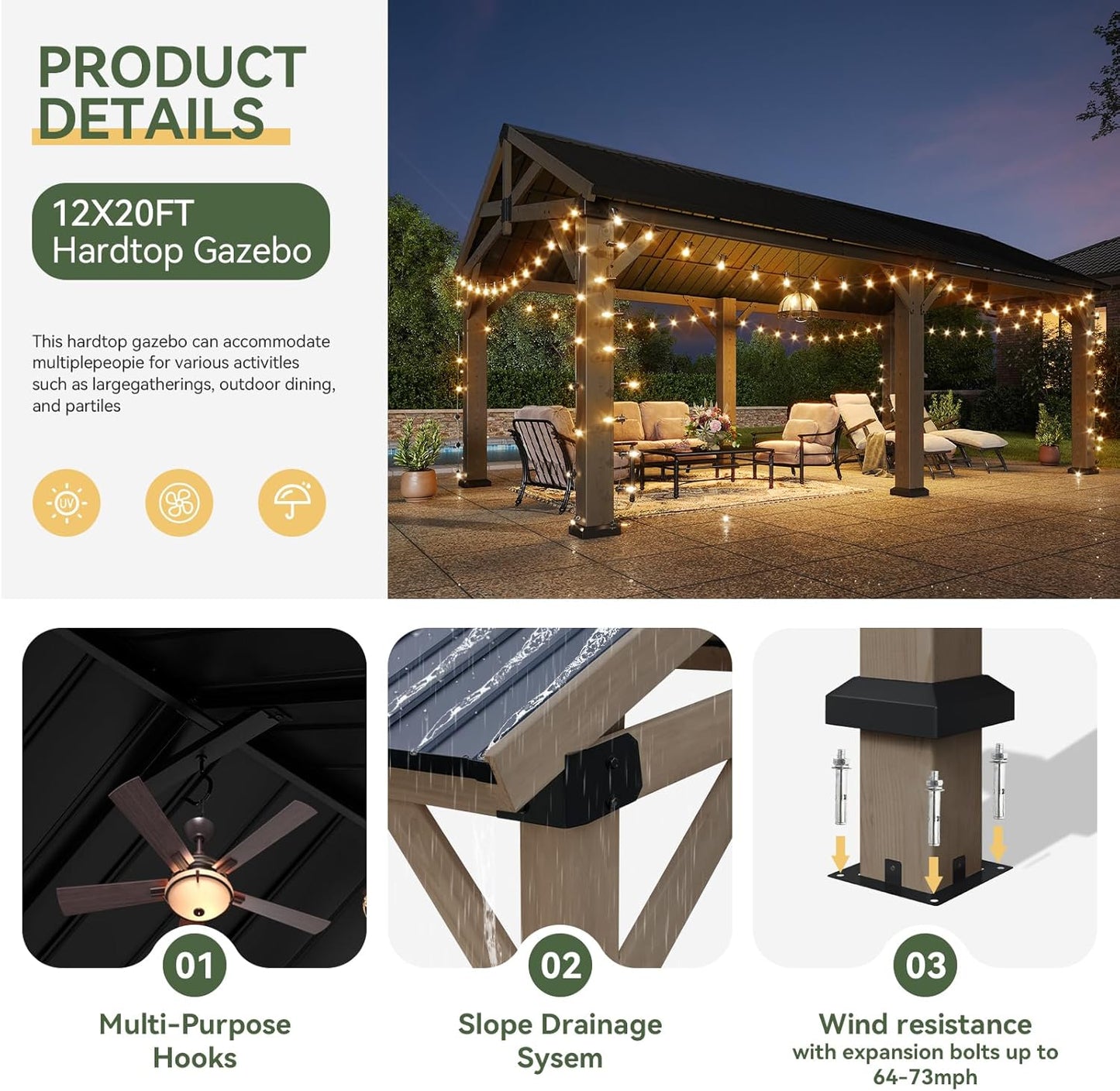 12' X 20' Outdoor Wood Gazebo, Hardtop Gazebo Permanent Wooden Pavilion with Galvanized Steel Gable Roof, for Patio, Garden, Deck, Cedar Wood