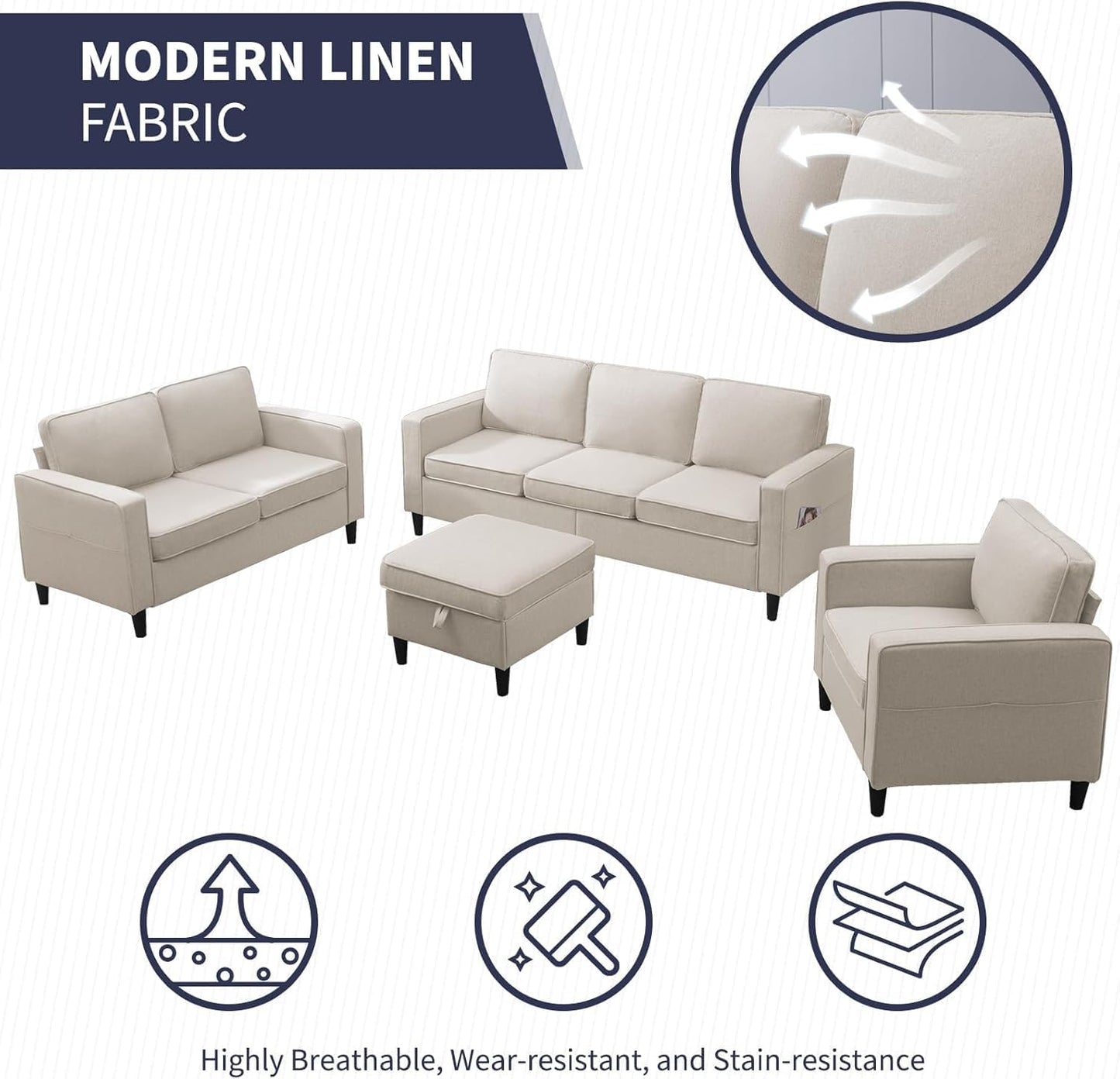 3PCS Sectional Sofa Set W/Ottoman,Modern Linen 6 Seater Couch Set with Movable Storage Ottoman & Side Pockets,3 Seat L Shaped Couch Loveseat and Armchair Living Room Furniture(3+2+1Seat/Beige)