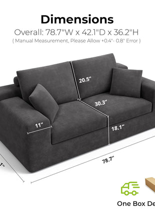 Loveseat Sofa in a Box - 78" Modern Upholstered Corduroy Couch with Deep 30" Seat, Dark Grey, Ideal for Living Room and Home Office, No Assembly Required
