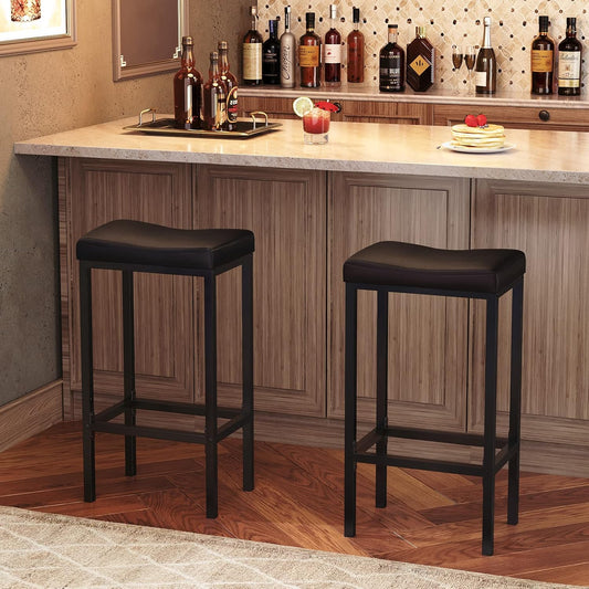 Bar Stools, Set of 2 Bar Chairs, Counter Height Stools, Saddle Barstools with Curved Surface, 24.8 Inches, 2.4" Thick Upholstery, for Kitchen, Dining Room, Cafe Black BB10BY01