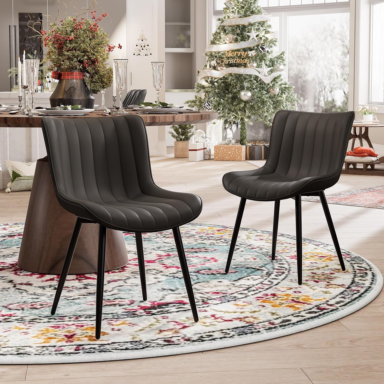 Black Dining Chairs Set of 2, Faux Leather Upholstered Kitchen & Dining Room Chairs with Back, Mid Century Modern Minimalist Accent Chair Armless for Guest Reception Waiting Living Room