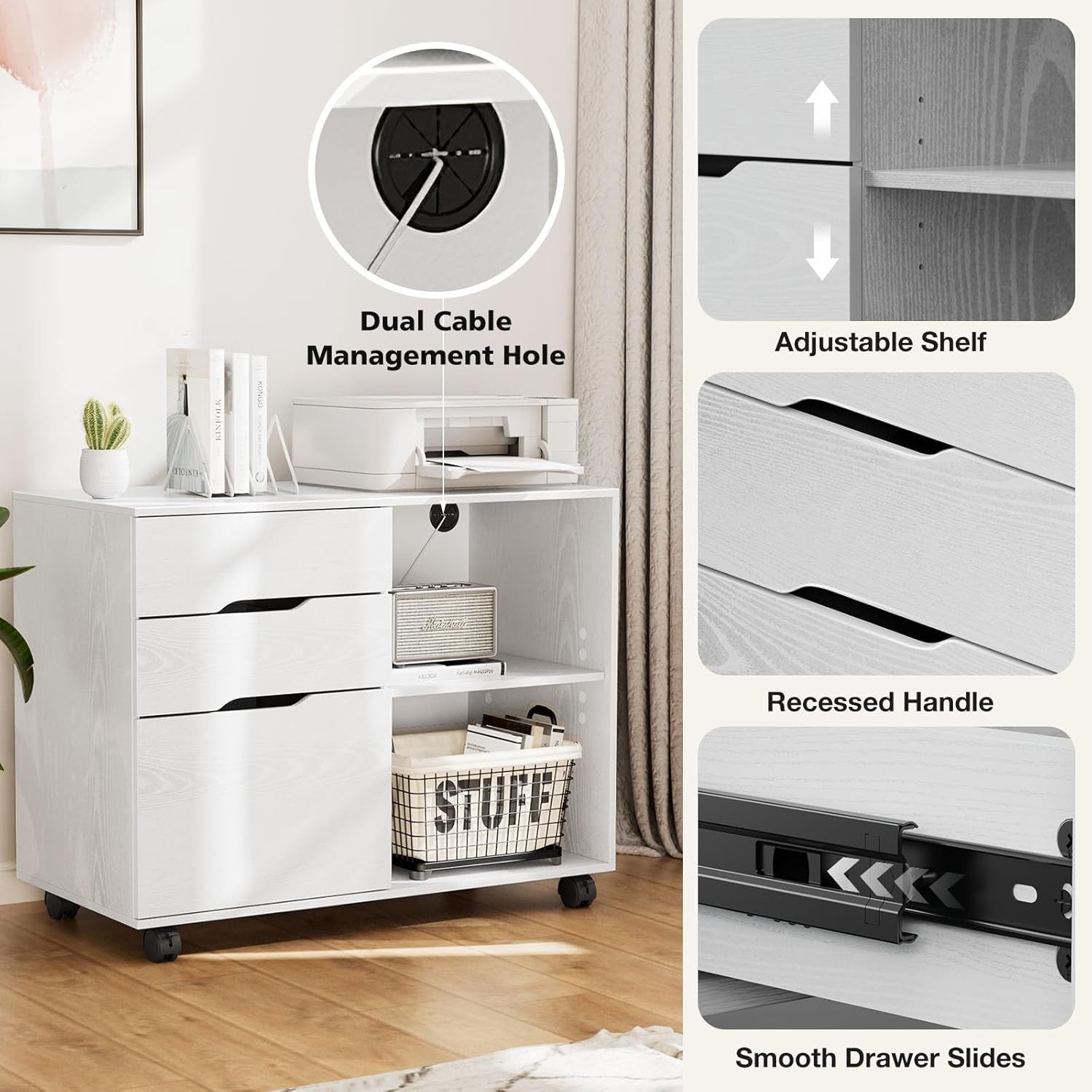 Lateral File Cabinet with 3 Drawers Rolling Filing Cabinets under Desk Storage Printer Stand Wood Organizer with Wheels Adjustable Shelf for Office Home Small Space, White