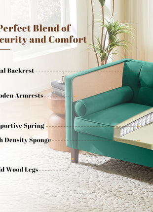 78-Inch Velvet Mid-Century Sofa with Bolster Pillows and Button Tufting for Living Room - Teal