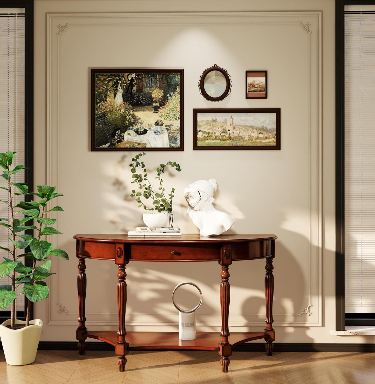 Solid Wood Console Table with Drawer, Semi-Circle Entryway Storage Shelf, Half-Moon Carvings Side Elegant Vintage Sofa for Living Room,Blank Wall Walnut SFZ1533WD-DR Brown 47.7*18*30.2