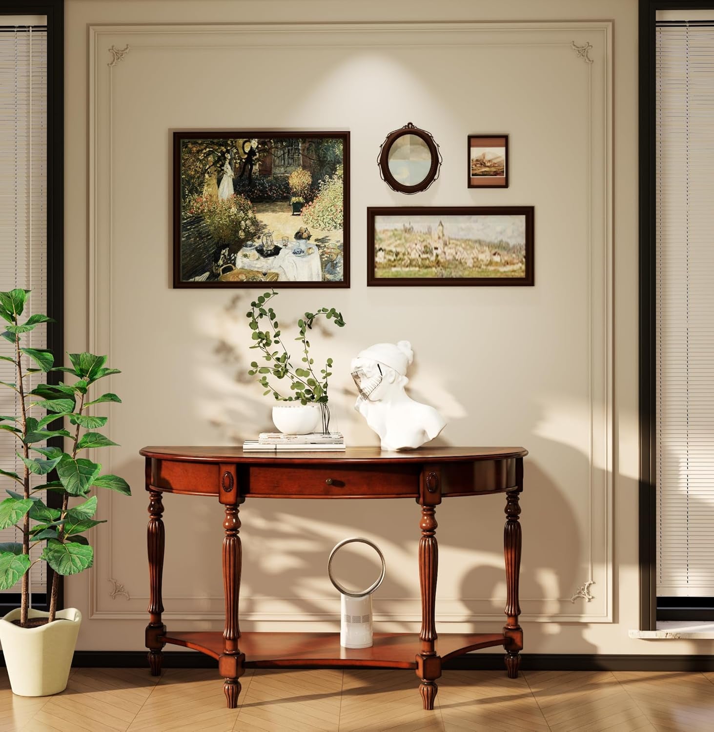 Solid Wood Console Table with Drawer, Semi-Circle Entryway Storage Shelf, Half-Moon Carvings Side Elegant Vintage Sofa for Living Room,Blank Wall Walnut SFZ1533WD-DR Brown 47.7*18*30.2