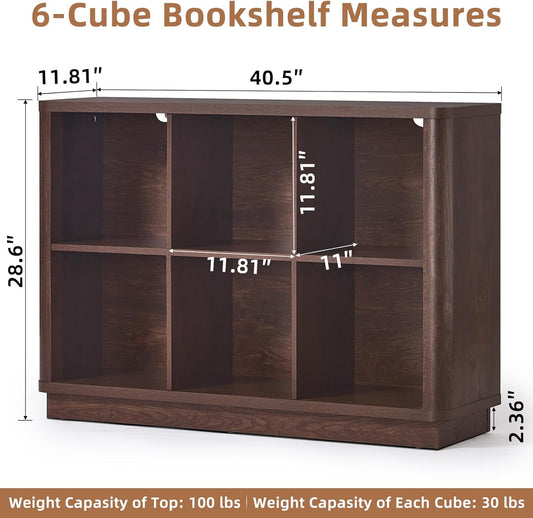 6 Cube Storage Bookcase, 40" Wide Low Horizontal Book Shelf with Curved Edge, Wood Floor Standing 2-Tier Bookshelf with Base, Farmhouse Short Book Case for Bedroom, Living Room, Office, Walnut