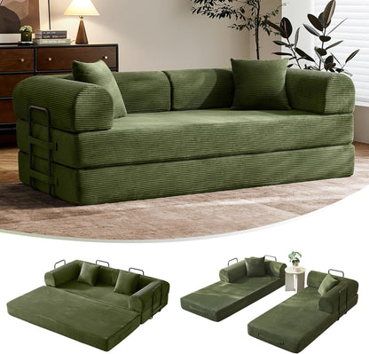 79" Convertible Sof Bed with Fixed-Shpe Frme & Removble rmrests, Modulr Corduroy Sleeper Sof, Folding Mttress Couch for Smll Spces - No ssembly Needed in Green (Includes 2 Pillows)
