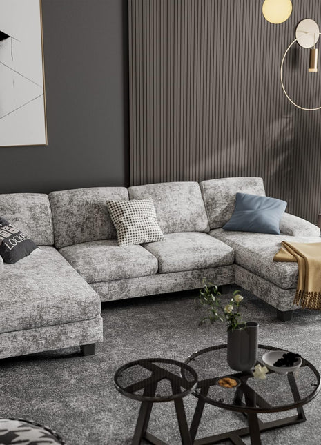 Stylish U-Shaped Convertible Sectional Sofa with Double Chaise and Memory Foam in Chic Grey, Perfect for Cozy Gatherings