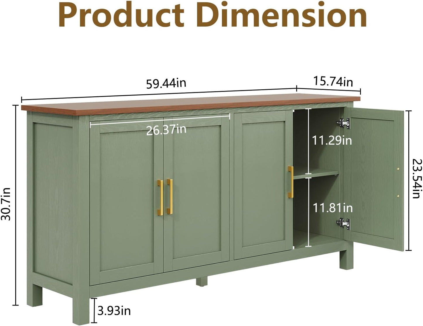 Large Sideboard Buffet Cabinet with Storage, 60" Accent Cabinet Modern Buffet Table with Adjustable Shelf, Credenza Green Storage Cabinet for Dining Room, Living Room, Kitchen, Entryway
