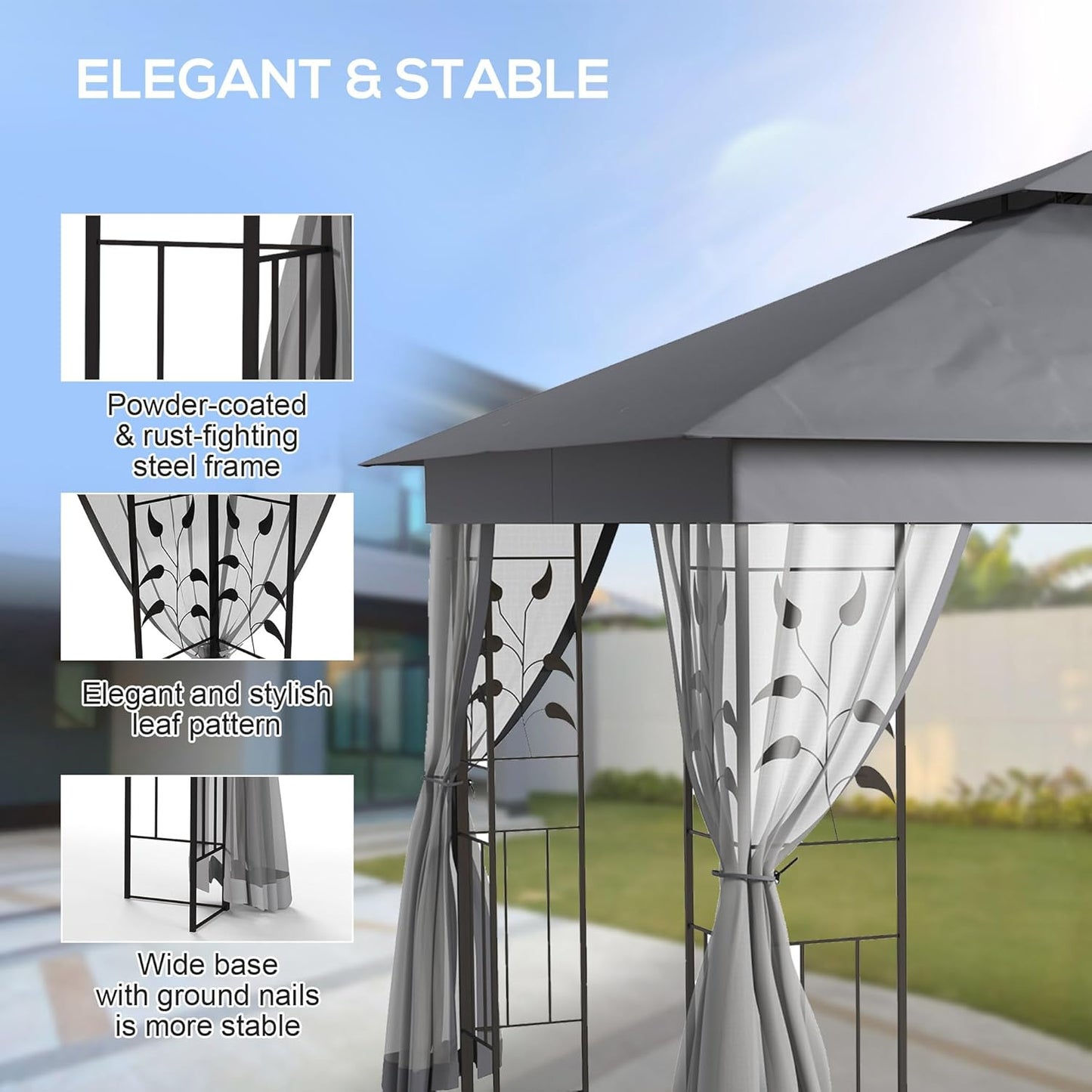 10' X 11.5' Metal Patio Gazebo, Double Roof Outdoor Gazebo Canopy Shelter with Tree Motifs Corner Frame and Netting, for Garden, Lawn, Backyard, and Deck, Gray