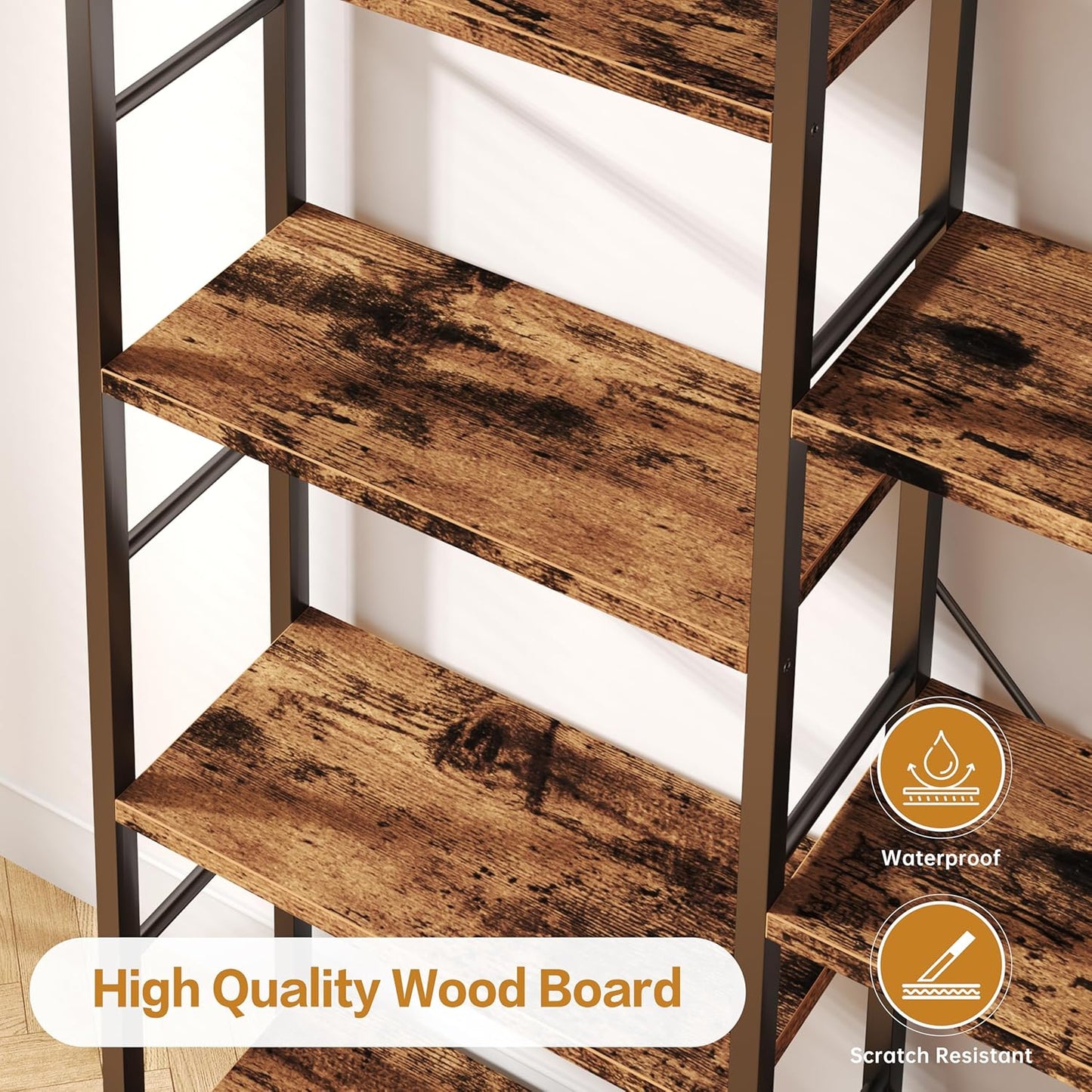 Triple Column 5 Tier Bookshelf, Industrial Large Bookcase Display Shelves, Large Etagere Bookshelf,Wide Book Shelf Book Case for Home & Office, Rustic Brown