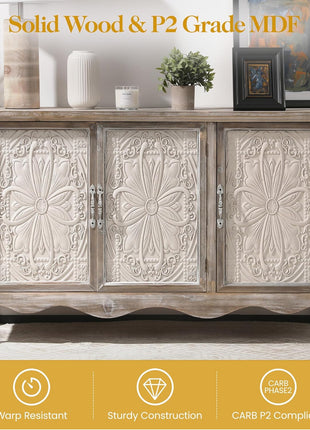 Farmhouse Style Sideboard Buffet Cabinet - 49" Solid Wood Credenza with Storage, 3-Door Design for Dining Room, Living Room, and Hallway in Provence Gray