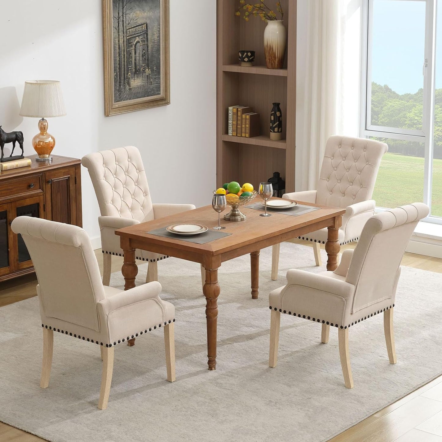 Dining Chairs with Arms, Upholstered Fabric Dining Room Chairs with Solid Wood Legs, Accent Armchair for Kitchen Dining Living Room, Beige