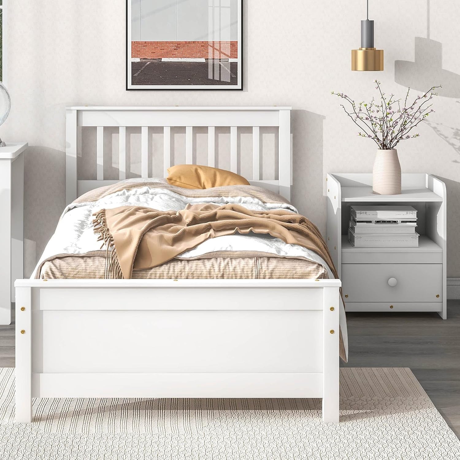 Bedroom Furniture Set with 1 Twin Beds Frame & 1 Nightstand, for Boys Girls, Kids Twin Beds Platform Bed Frame with Headboard & Footboard, Nightstand with 2 Open Shelves & Storage Drawer, White