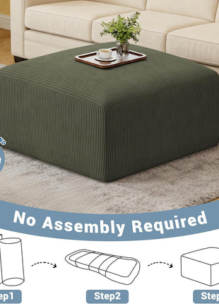 40-Inch Oversized Square Corduroy Ottoman Pouf - Plush Foam-Filled Footrest, Versatile Large Ottoman for Living Room, Sofa, Couch, and Bedroom, Green (Single Unit)