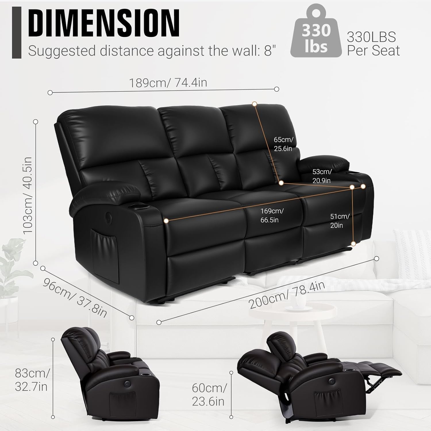 Home Theater Seating,Rv Recliner Sofa with Massage and Heat,Manual RV Recliner Loveseat with Usb/Cup Holders and Side Pocket for Living Room,3 Seater Black