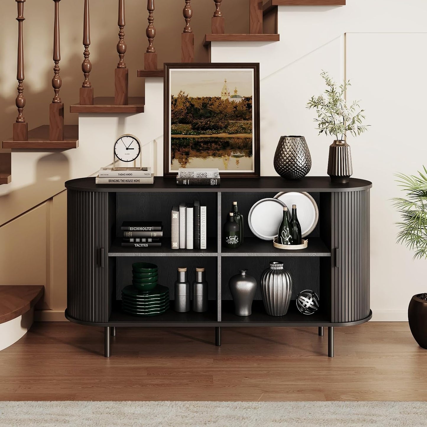 Buffet Sideboard Cabinet with Storage, 55" Fluted Cabinet with Sliding Door & Adjustable Shelf, Modern Accent Coffee Bar Console Table for Kitchen, Entryway, Black