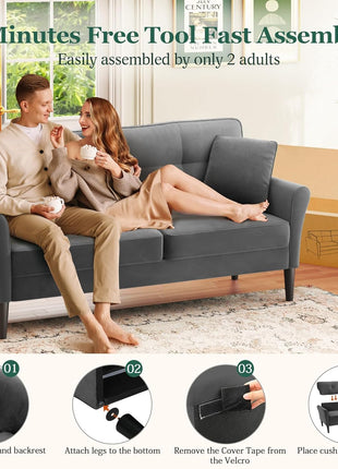 Elegant 69" Velvet Loveseat Sofa with 2 Pillows - Tool-Free Assembly, 700lb Capacity, Ideal for Small Living Spaces and Bedrooms in Charcoal