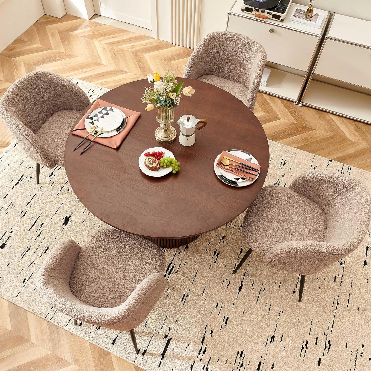 5 Piece 47-Inch round Dining Table Set for 4, Rustic Walnut Dinner Table with Upholstered Dining Room Chairs Brown, Engineered Wood Kitchen Table with Wood Strips Base