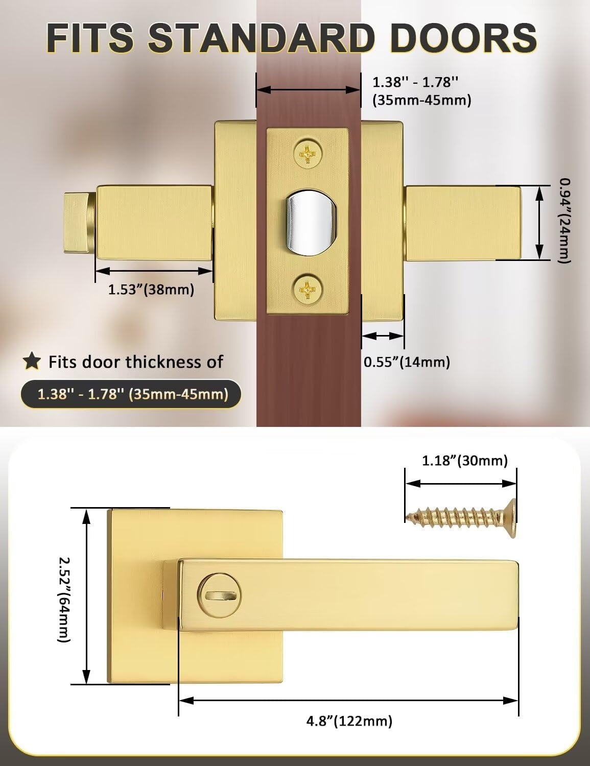 10 Pack Heavy Duty Gold Square Privacy Interior Door Levers, Satin Brass Finish, Bedroom and Bathroom Door Handles Keyless Bed/Bath Lockset