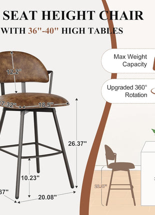 Set of 2 Contemporary 26-Inch Swivel Counter Height Bar Stools with Backs and Metal Legs, Upholstered in Faux Leather for Kitchen Island and Dining Room