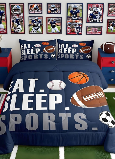 Sports-Themed Twin Size Comforter Set for Kids - Basketball, Baseball, and Soccer Bedding in Breathable Soft Navy Blue, Quilted Design for Boys and Girls Room Decor