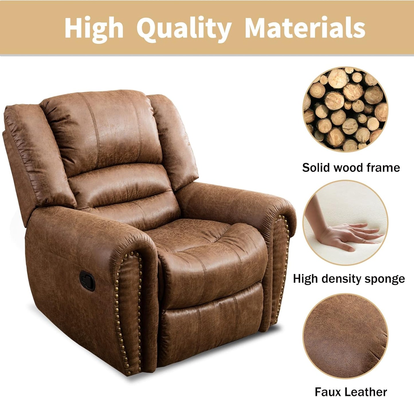 Leather Recliner Chair, Classic and Traditional Manual Recliner Chair with Comfortable Arms and Back Single Sofa for Living Room, Nut Brown