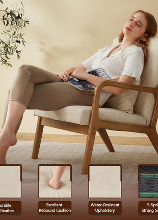 Mid-Century Modern Accent Chair with Lumbar Support, Wooden Legs, and PU Leather Upholstery for Enhanced Comfort in Living Room and Bedroom
