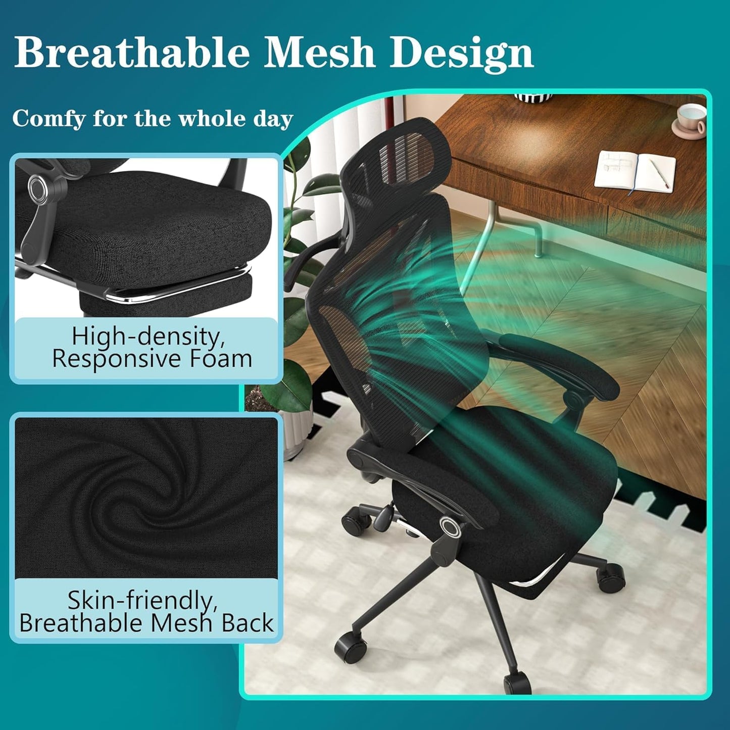 Ergonomic Office Chair with Footrest - Adjustable Lumbar Support & Headrest, 90-160° Reclining Mesh Back Computer Chair - Home Office/Gaming, 350Lbs Capacity (SGS Certified)