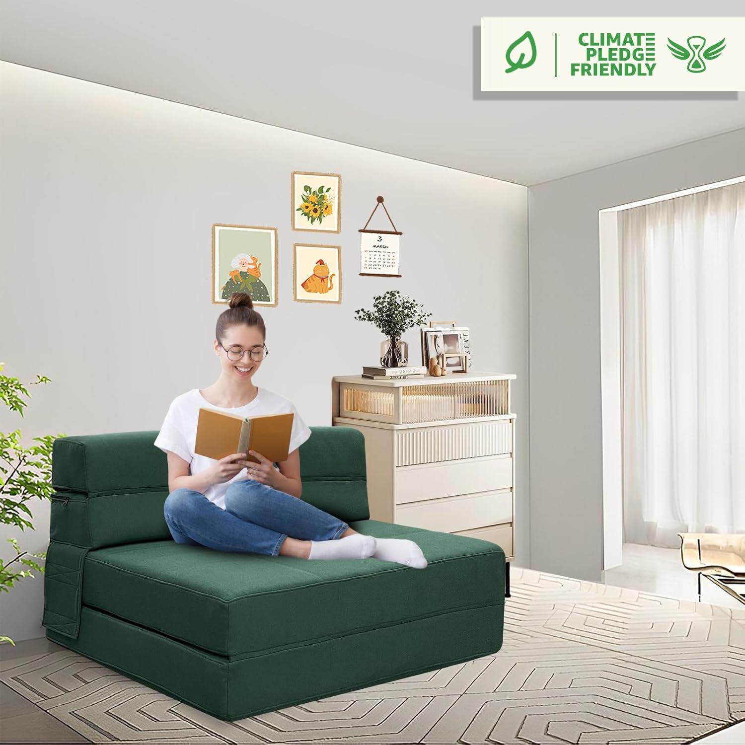 Fold Out Couch Bed Memory Foam Sleeper Chair with 2 Pillows, Queen Size Futon Couch Guest Convertible Chair Bed, Washable Cover, Dark Green