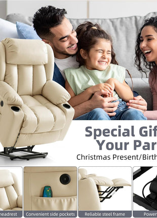 Premium Electric Power Lift Recliner Chair for Seniors with Massage and Heat Features, Includes Cup Holders, Remote Control, USB Ports, Side Pockets, Leather Finish (Cream)