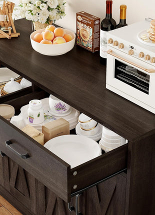47.2" Modern Farmhouse Buffet Cabinet with Storage, Drawers, and Barn Doors - Dark Brown Kitchen Sideboard and Coffee Bar Station for Living Room