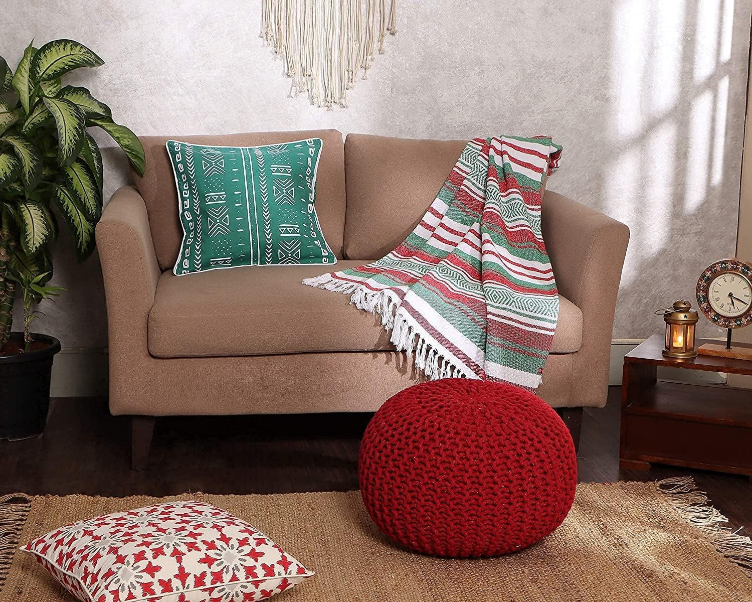 · round Pouf Ottoman - Hand Knitted Cable Boho Poof - Foot Stool Bean Bag - Home Décor Stuffed Footrest for Living Room - Nursery - Bedroom - 100% Cotton Poufs (19.5"X19.5"X14") - Red