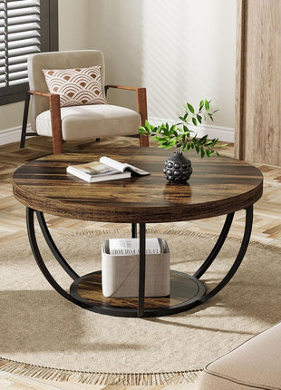 31.7-Inch Round Wooden Coffee Table with Dual-Tier Storage Shelves, Modern Rustic Accent Table for Living Room in Brown Finish