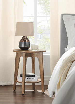 MAEZO 2-Tier Round Side Table with Tapered Legs and Curved Transitions, Perfect for Compact Living Spaces, Honey Brown Finish ULET283T41