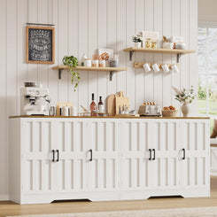 Modern Farmhouse Buffet Cabinet with Storage, 85" Large Sideboard Storage Cabinet with 6 Barn Doors, Coffee Wine Bar Cabinet Wood Table Credenza with Adjustable Shelf for Kitchen Dining Living Room