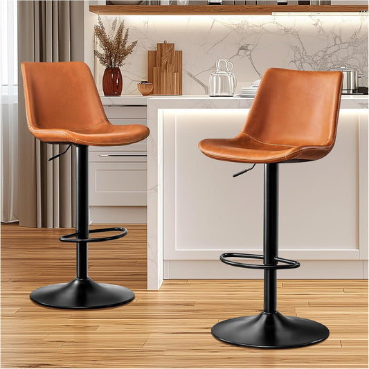 Vintage Bar Stool Height Adjustable Crazy Horse Leather Bar Chair X-Large Base and Seat Bar Stools, Ergonomic Bistro Stool with Footrest for Kitchen Dining Bistro Pubx Set of 2 Whisky Brown