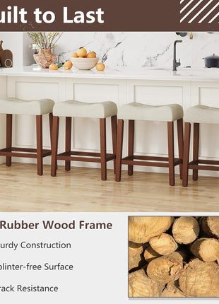 Set of 2 Upholstered 24" Counter Height Saddle Bar Stools with Footrest and Wooden Legs, Farmhouse Button-Tufted Backless Design for Kitchen Island, Dining Room, and Café in Beige and Brown