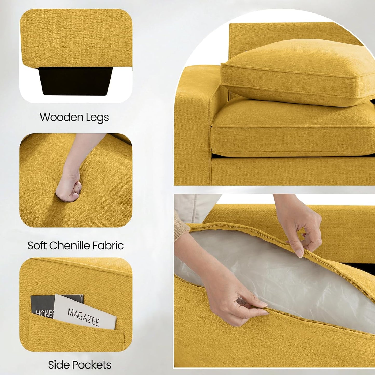 73" Modular Sofa Couch with Seat Storage, Comfy 2-Seater Chenille Fabric Loveseat Sofa for Living Room, Office, Apartment W/Deep Seat, Wide Armrest, USB Charing Removable Cover(Yellow)