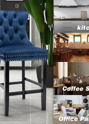 Set of 4 Modern Velvet Bar Stools with Wooden Legs, Button Tufted Design, and Chrome Nailhead Accents (Blue)