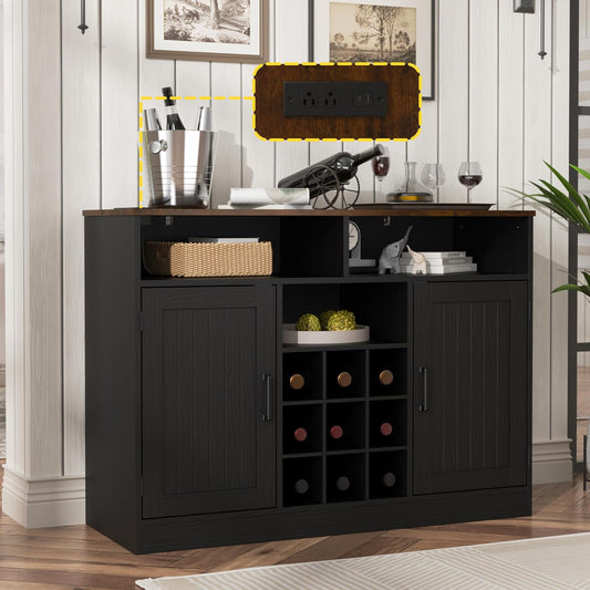 Farmhouse Buffet Cabinet with Prower Outlets, Rustic Sideboard Buffet with Wine Rack, Wooden Buffet Table for Dining Room, Antique Black