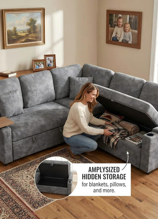 81" Modular L-Shaped Sleeper Sofa with Adjustable Backrest and 360° Swivel Side Table in Elegant Grey Chenille for Enhanced Living Room Functionality