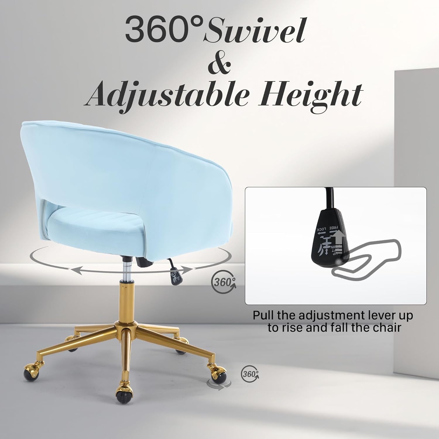 Home Office Swivel Desk Chair, Modern Velvet Vanity Chair, Height Adjustable Armchair with Gold Base, Ergonomic Office Chair for Task Study Computer Room, Light Blue