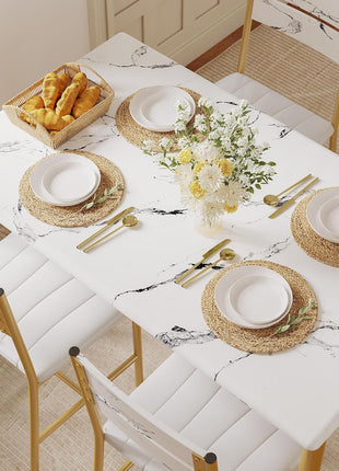 4-Person Wooden Dining Table Set with Upholstered Chairs, Space-Saving Design for Compact Dining Areas, White and Gold Finish
