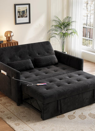 3-in-1 Convertible Loveseat Sofa Bed with Pull-Out Bed, USB Ports, and Pockets - Modern Corduroy Design for Living Room or Bedroom (Black)