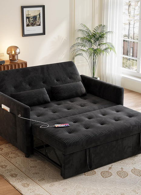 3-in-1 Convertible Loveseat Sofa Bed with Pull-Out Bed, USB Ports, and Pockets - Modern Corduroy Design for Living Room or Bedroom (Black)