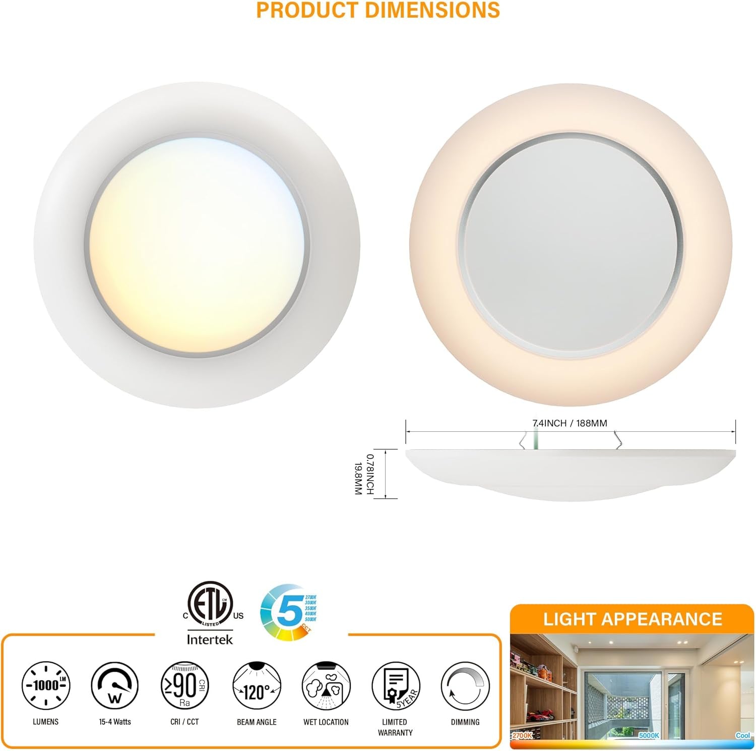 6 Inch LED Low Profile Disk Light with Night Light, 120VAC, 15W, 5CCT Color Changing, 1000LM, Dimmable, ETL, Shower Wet Rated Screw in Flush Mount Ceiling Light, White/20 Packs