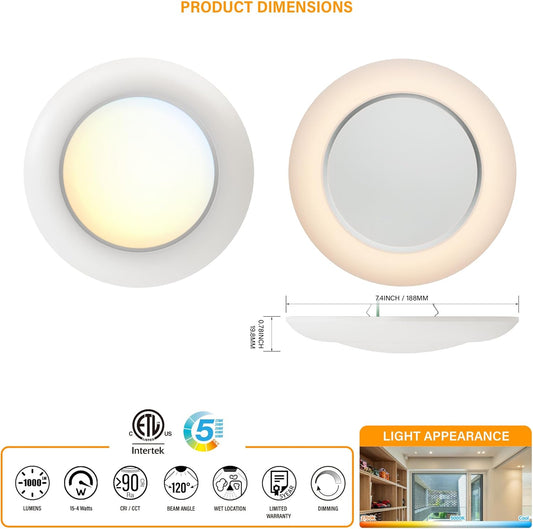 6 Inch LED Low Profile Disk Light with Night Light, 120VAC, 15W, 5CCT Color Changing, 1000LM, Dimmable, ETL, Shower Wet Rated Screw in Flush Mount Ceiling Light, White/20 Packs