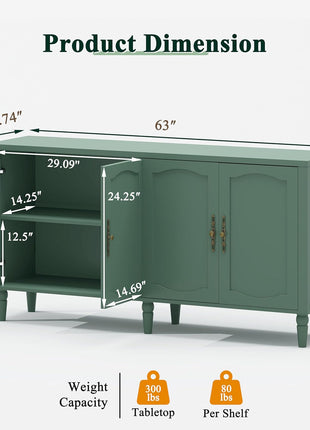 63" Mid-Century Modern Sideboard Buffet Cabinet with Carved Handles and Adjustable Shelves, Ideal for Living Room or Dining Room - Green