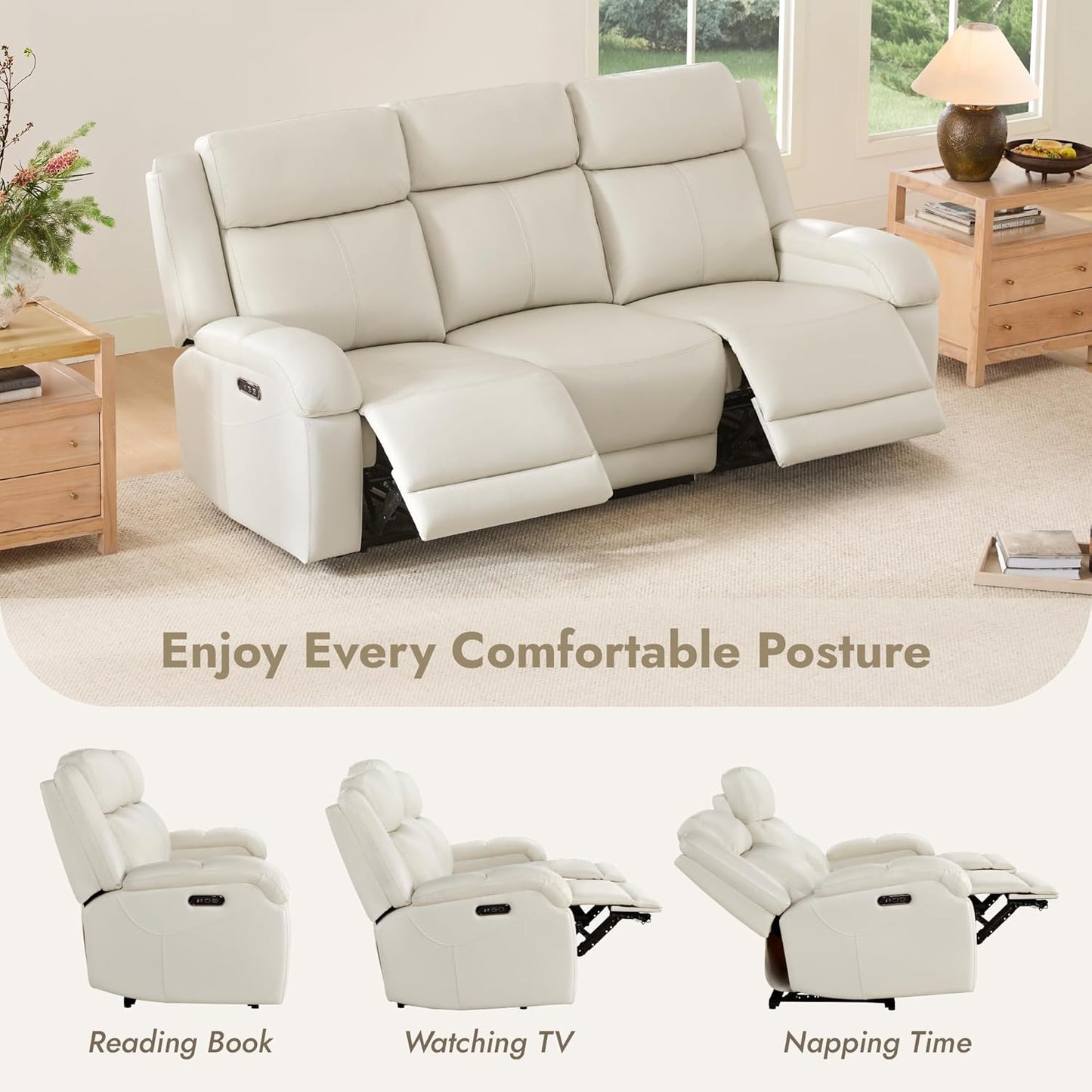 Genuine Leather Power Recliner Sofa, 3 Seater Wall Hugger Reclining Sofas with Power Headrest, USB & Typec Ports, Electric Recliner Couch Set for Living Room, Cream